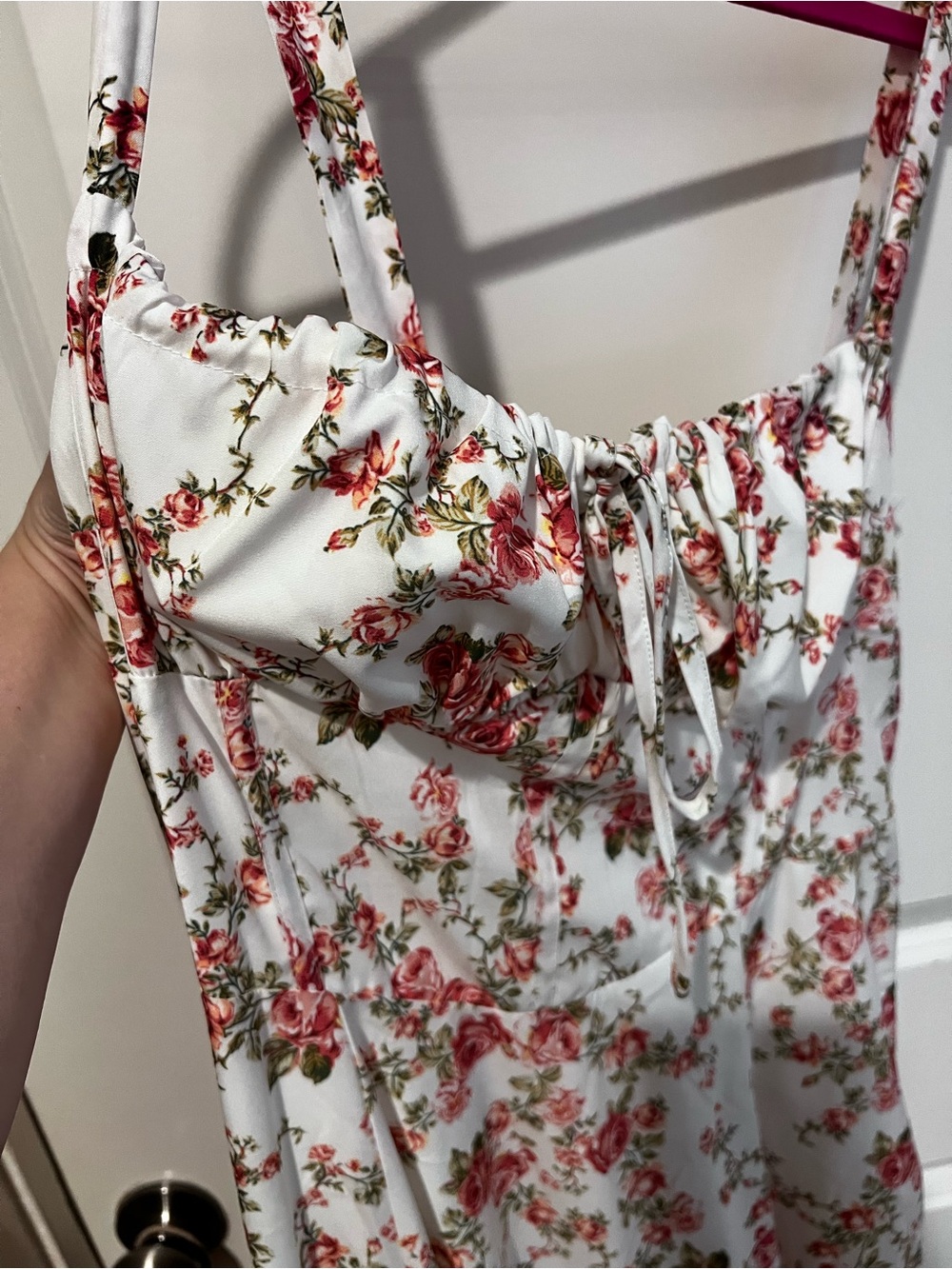 Corset style Floral Tie-Front White & Pink Spaghetti Strap Women's dress
